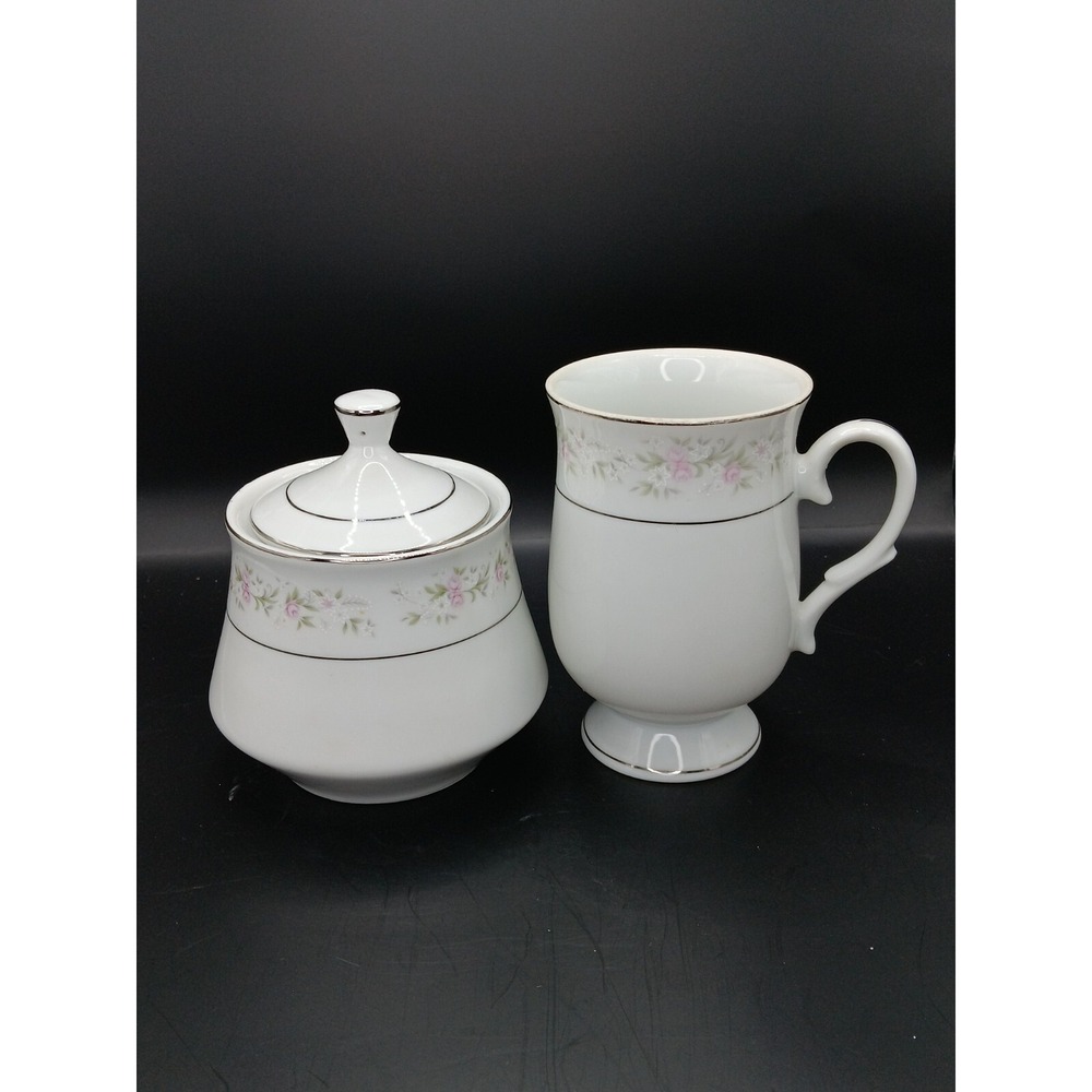 Maria Japan Fine Porcelain China Sugar Bowl and Footed Mug Pink Floral SilverRim